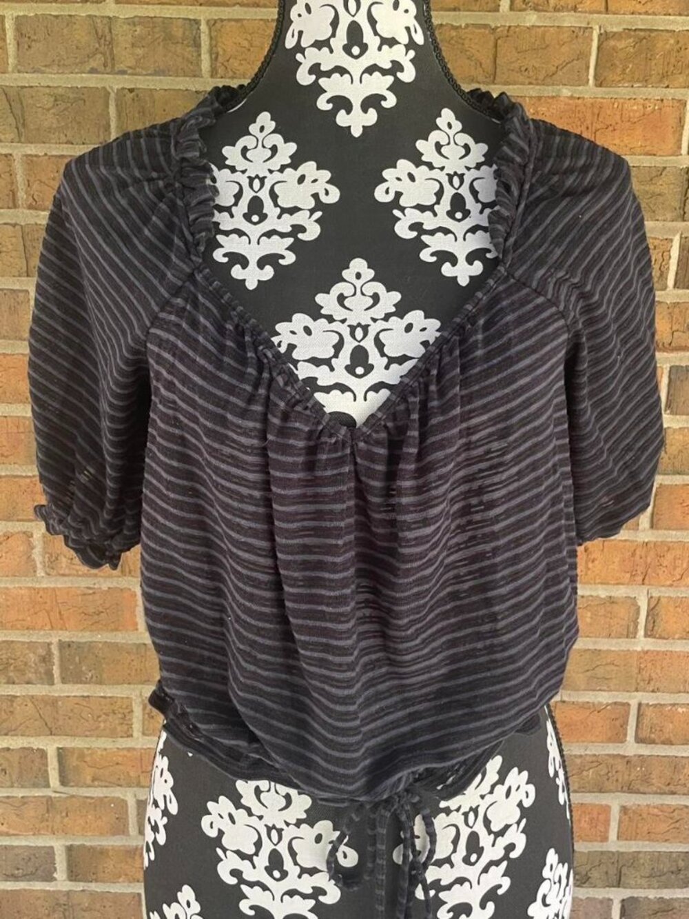 Free People Black Peplum Striped Ruffle Blouse Puff Sleeve Women's Medium
